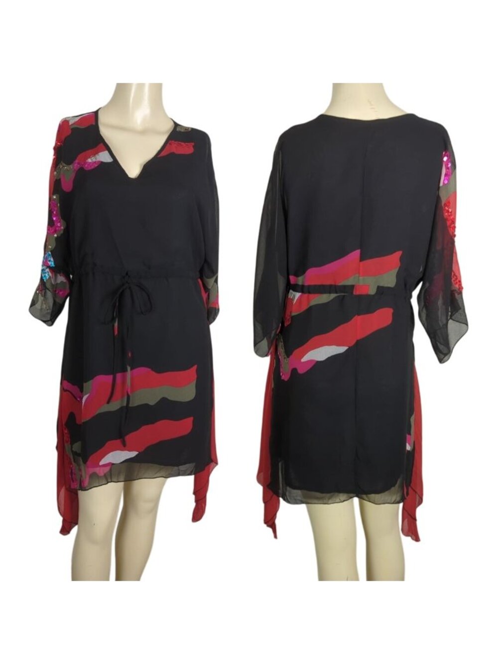 Silk Threads Sheer Black Tunic Dress Sz S With Abstract Pattern Sequin Sleeve